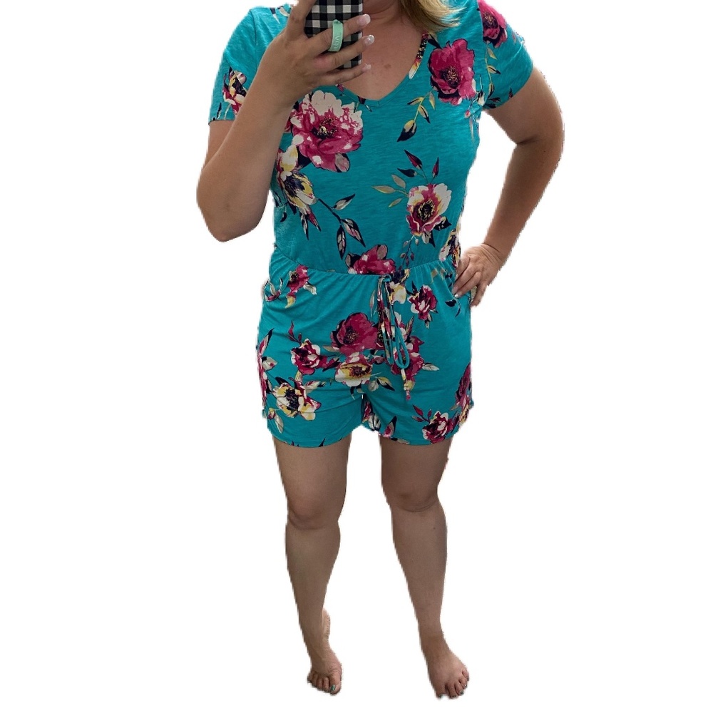 Teal floral romper